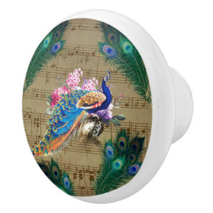 Peacock & Pecock Feathers W/Music Paper Ceramic Knob