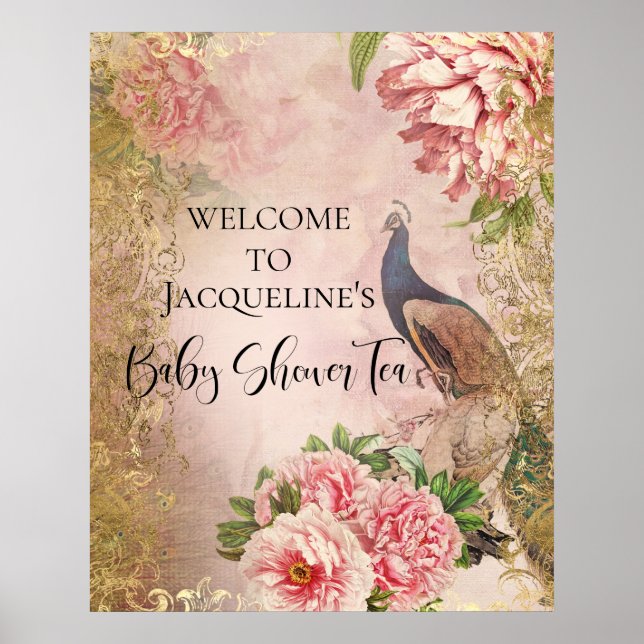 Peacock Peony Floral Blush Pink Gold Decoupage Tis Poster (Front)