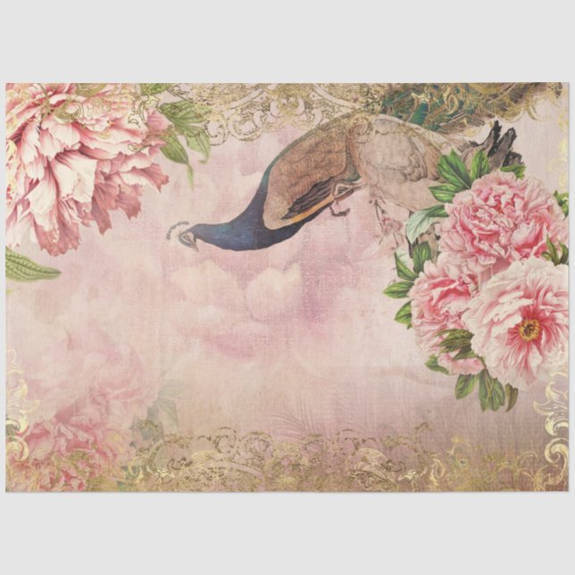 Peacock Peony Floral Blush Pink Gold Decoupage Tissue Paper (Front)