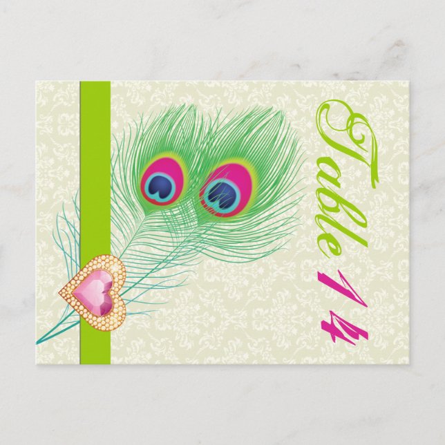Peacock plumes joyau coeur mariage numéro de table (Devant)