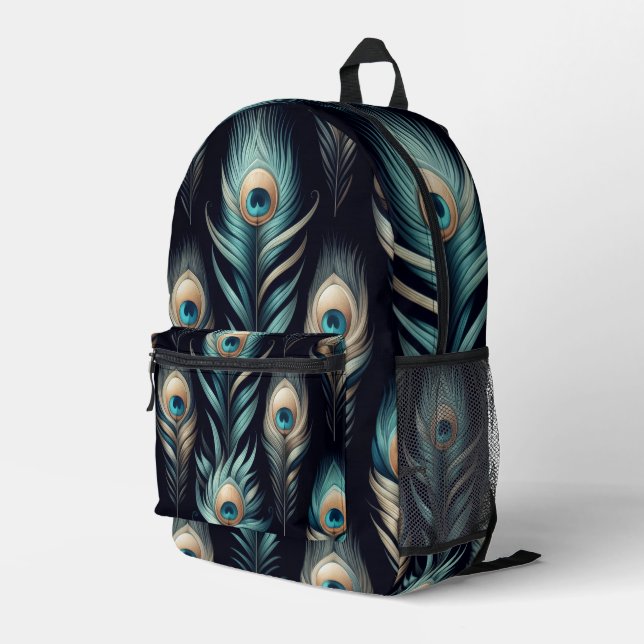 Peacock Plumes Printed Backpack (Back Corner Right)