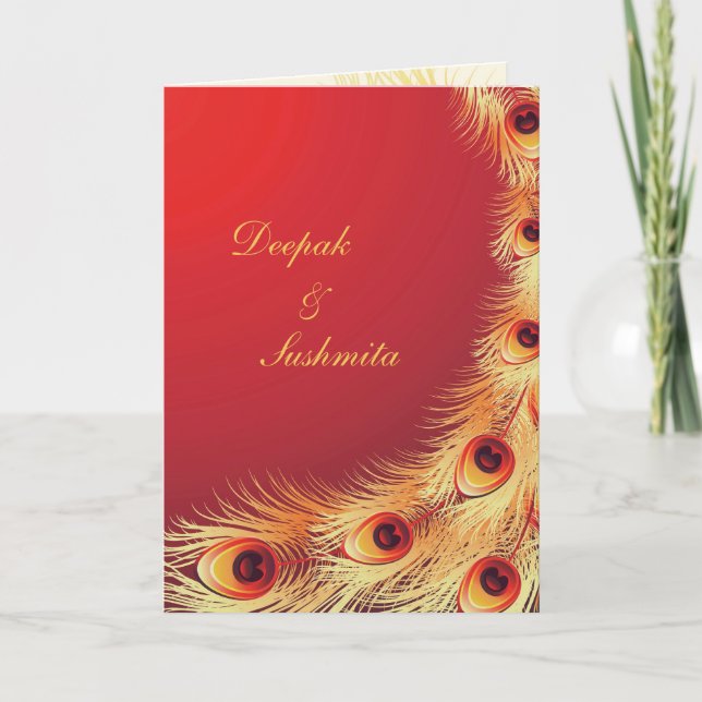 Peacock Plumes Rouge Mariage plié Invitation (Devant)