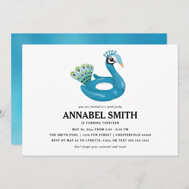 Peacock Pool Float Pool Party Birthday Invitation (Front/Back)
