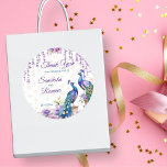 Peacock purple flowers Mehndi Indian wedding favou Classic Round Sticker<br><div class="desc">Peacock and purple flowers watercolor Indian wedding Mehndi  template thank you favour gift stickers. Two beautiful peacocks purple jasmine flowers wisteria hanging blooms and garlands favour stickers</div>