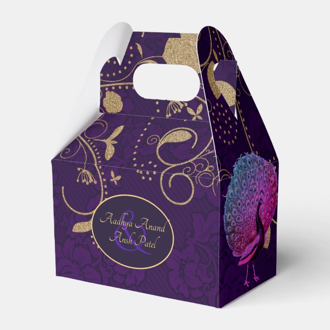Peacock Purple Gold Gable Favour Box Personalized (Front Side)