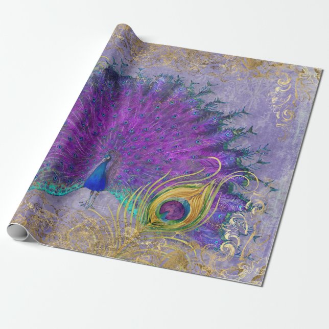 Peacock Purple Gold Rococo Scrollwork Decoupage Wrapping Paper (Unrolled)