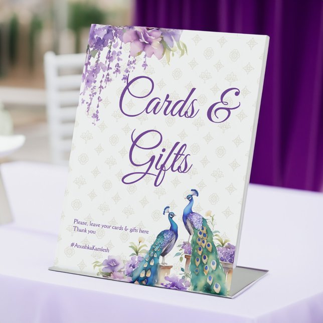 Peacock purple Indian wedding gifts table Pedestal Sign (Peacock purple Indian wedding decor gifts table Pedestal Sign personalized table sign)