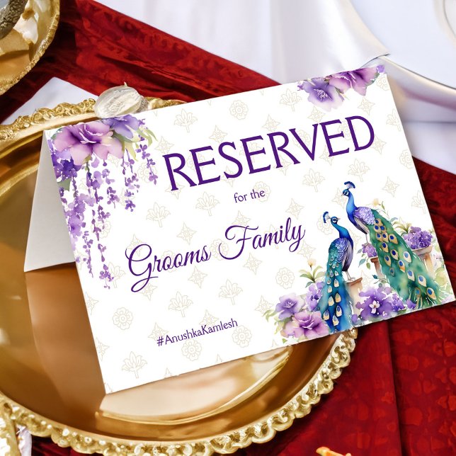 Peacock purple Indian wedding reserved sign (Peacock purple Indian wedding reserved table sign two peacocks lilac wisteria reserved sign)