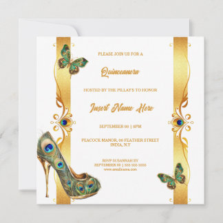 Peacock Quinceañera gold white glam feathers Holiday Card
