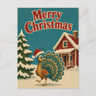 Peacock Red Cottage Animal Christmas Postcard
