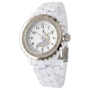 Peacock Rhinestone White Enamel Womens Watch