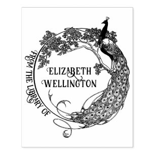 Peacock Rnd Frame Art Nouveau Library Book Name #2 Rubber Stamp