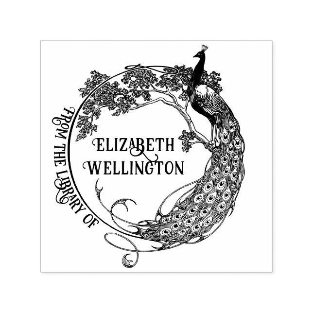 Peacock Rnd Frame Art Nouveau Library Book Name #2 Self-inking Stamp (Design)