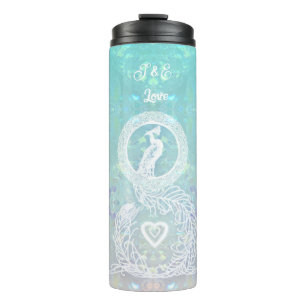 Peacock romantic wedding, heart and aqua blue thermal tumbler