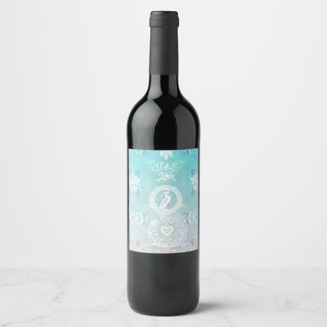 Peacock romantic wedding, heart and personalized wine label (Front)