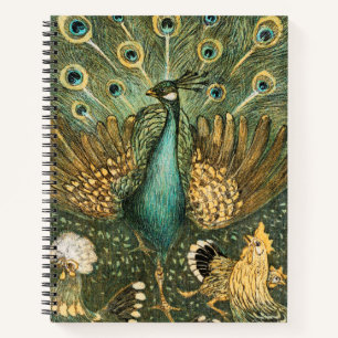 Peacock Rooster Illustrated Print Spiral Notebook 