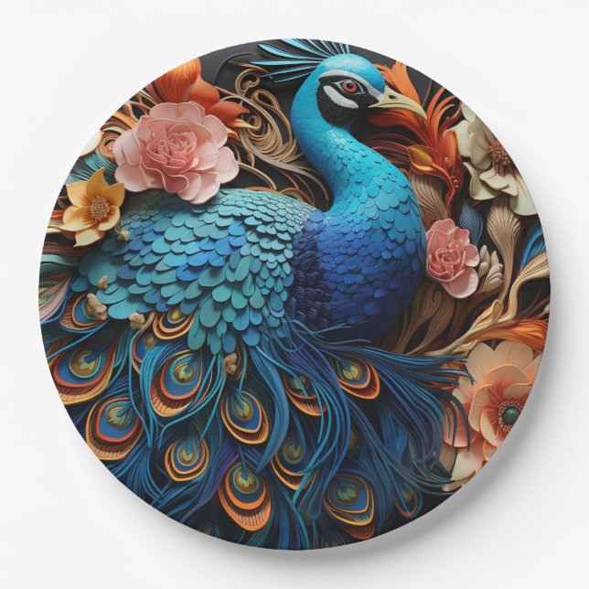 Peacock Roses Elegant Pretty  Paper Plate (Front)