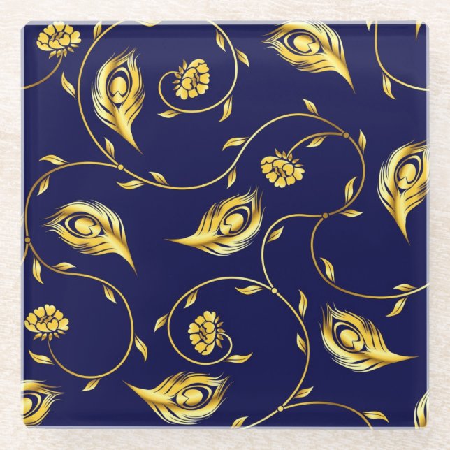 Peacock Sari Pattern Glass Coaster (Front)