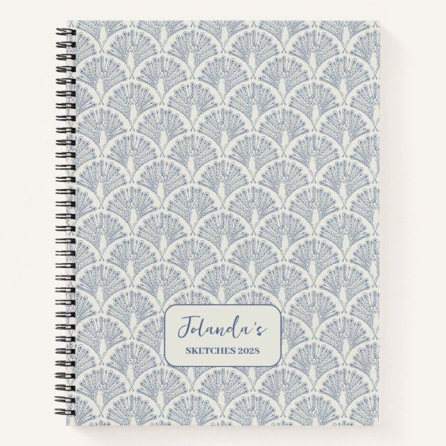 Peacock Scallop Pattern Blue White Personalized Notebook (Front)