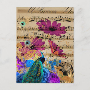 Peacock, Sheet Music, and Flowers Postcard