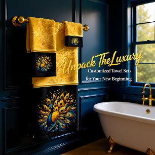 Peacock Showcasing Blue and Yellow Plumage Bath Towel Set