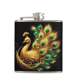 Peacock Showcasing Green and Yellow Plumage Hip Flask