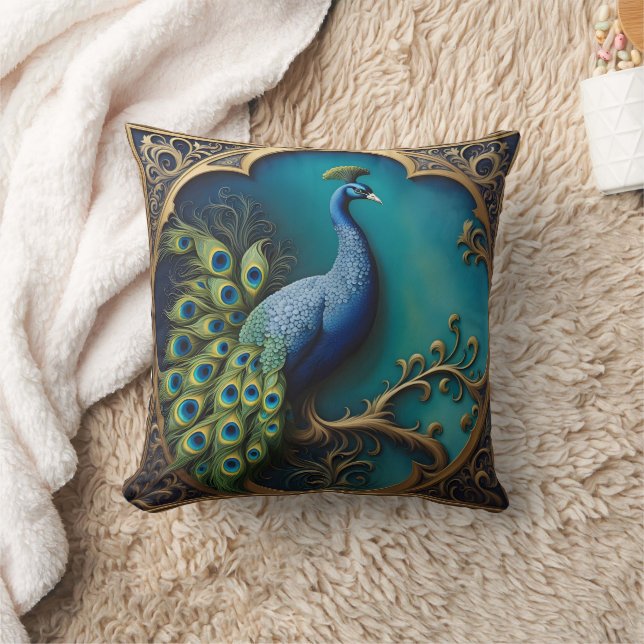 Peacock Showing Feathers on Bright Background Throw Pillow (Blanket)