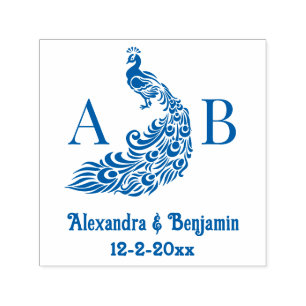 Peacock Silhouette #4 Couple 2 Init Monogram Names Self-inking Stamp