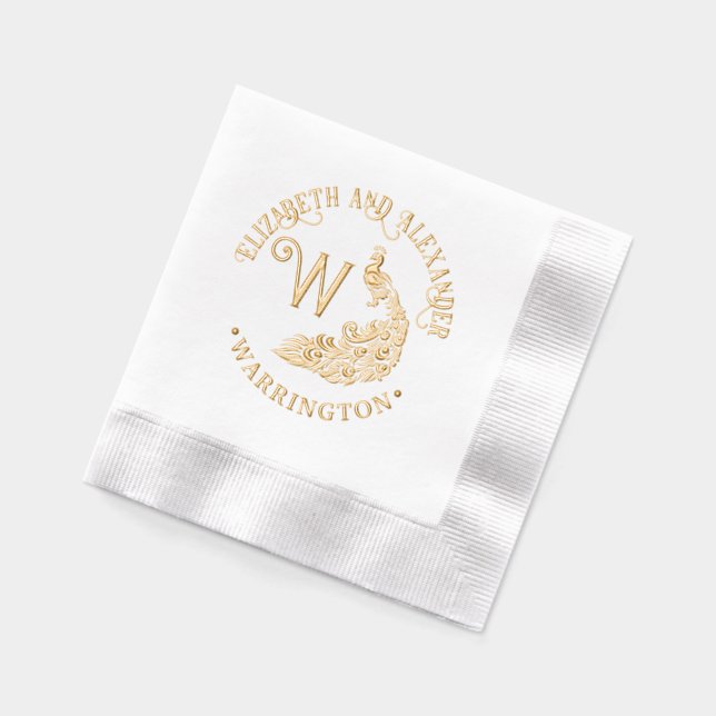 Peacock Silhouette #4 Couple Name Single Initial Foil Napkins (Left)