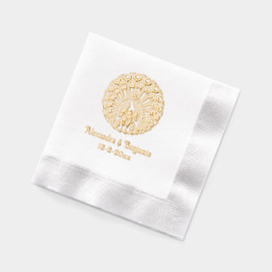 Peacock Silhouette #5 Round Wedding Couple Name Foil Napkins
