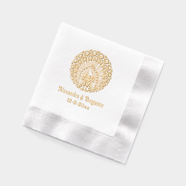 Peacock Silhouette #5 Round Wedding Couple Name Foil Napkins (Left)