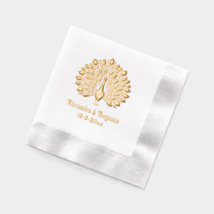 Peacock Silhouette #6 Round Wedding Couple Name Foil Napkins
