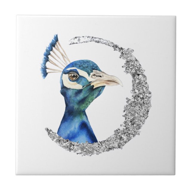 Peacock Silver Glitter Moon Tile (Front)