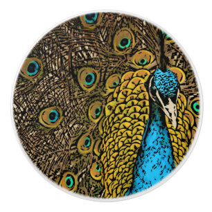 Peacock Splendour Illustration Ceramic Knob