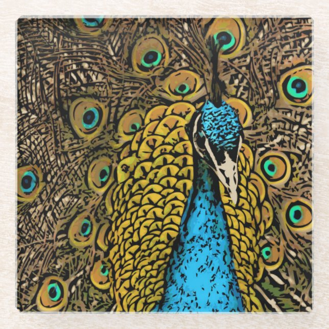Peacock Splendour Illustration Glass Coaster (Front)