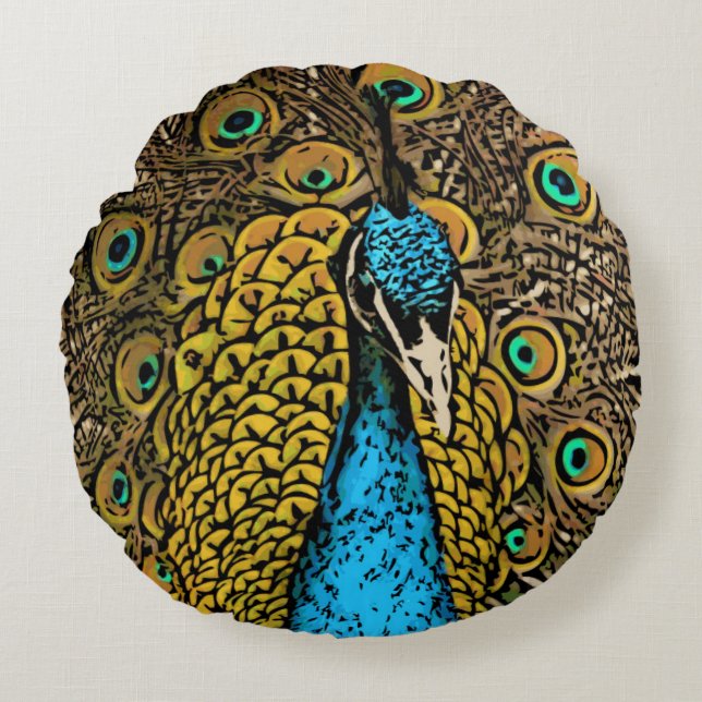 Peacock Splendour Illustration Round Pillow (Front)