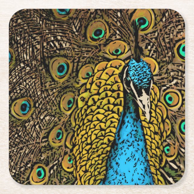 Peacock Splendour Illustration Square Paper Coaster (Front)