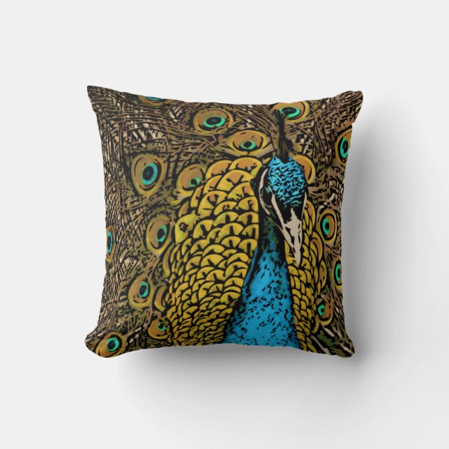 Peacock Splendour Illustration Throw Pillow (Front)