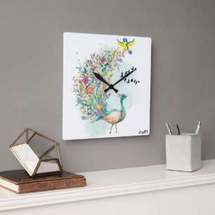 peacock square wall clock