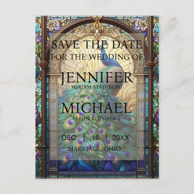 Peacock Stained Glass Save the Date Cards (Front)