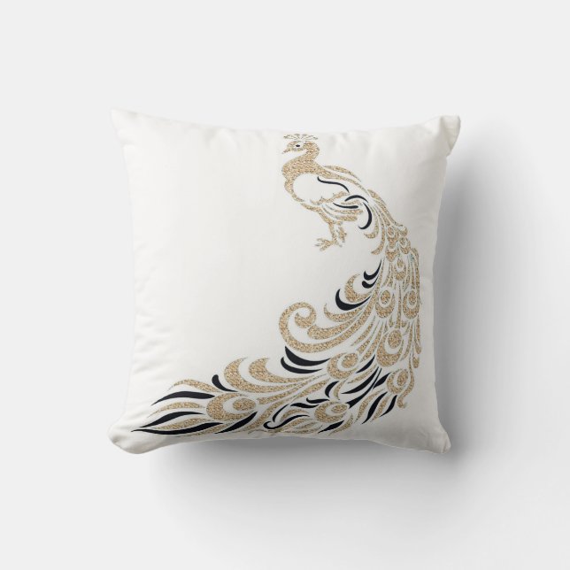 Peacock-Stylish-Gold-Black-Square M-L Throw Pillow (Front)