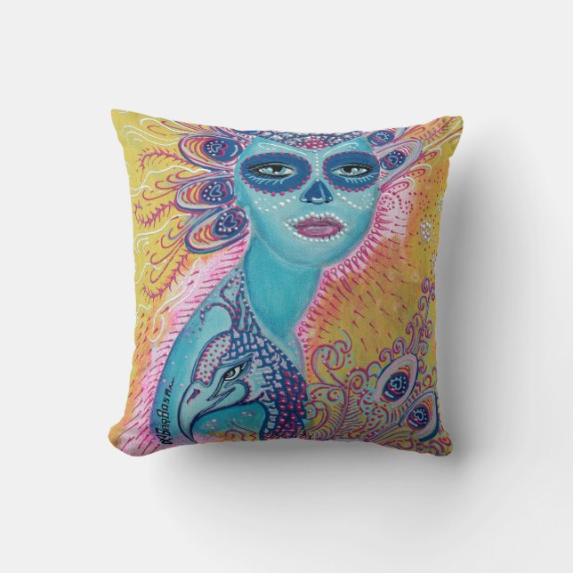 Peacock Sugar Skull Pillow (Front)