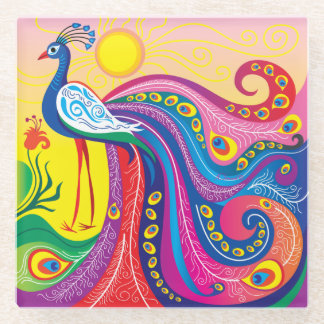 Peacock Sunrise Glass Coaster