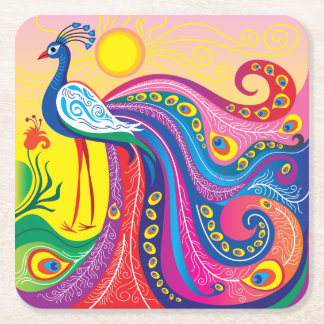 Peacock Sunrise Square Paper Coaster