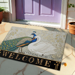 Peacock & Swan Art Nuovo Winter / Gold Floral Doormat
