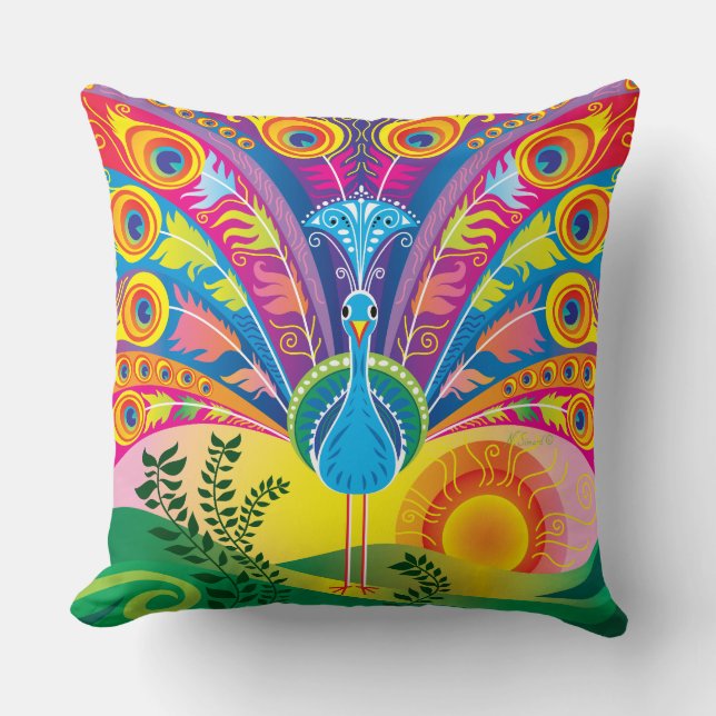 Peacock Tail Radiance Throw Pillow (Front)