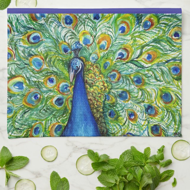 Peacock Tea Towel, Pretty as a Peacock Hand Towel (Folded)