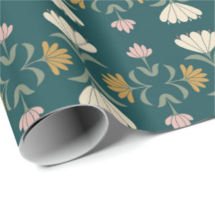 Peacock Teal and Ochre Folk Art Nouveau Floral Wrapping Paper