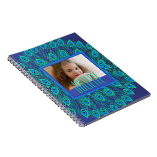 Peacock Teal & Blue Feathers Custom Text & Photo   Notebook