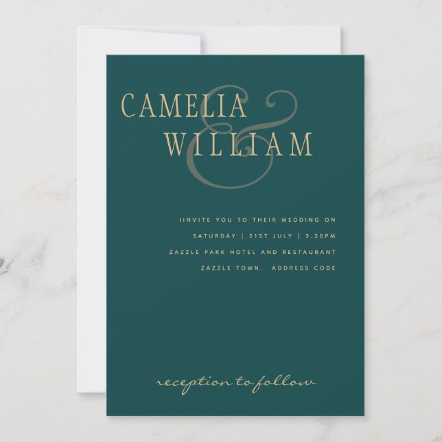 Peacock Teal Green Gold Ampersand Wedding Invite (Front)
